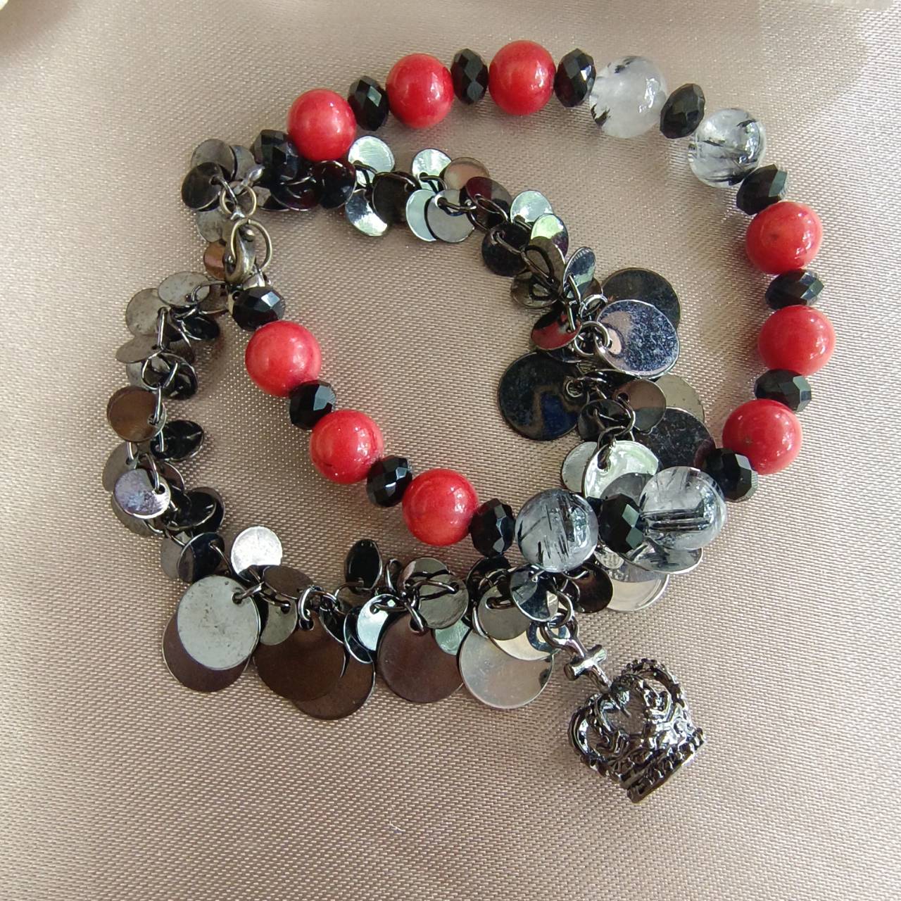 สร้อยข้อโซ่หินไหมดำกับปะการังแดง Black Tourmaline Quartz