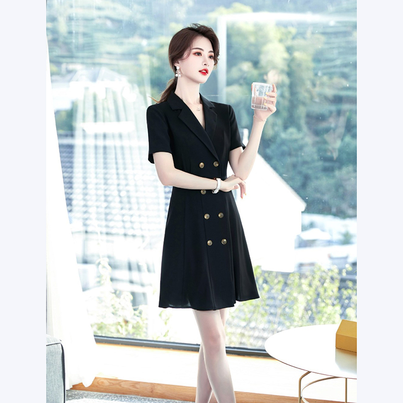 kudapy เดรสแขนสั้น คอปก ผ้าไม่บาง สีเทา สีแดง สีดำ และสีชมพู เหมาะสำหรับใส่ทำงาน หรือใช้เป็นชุดยูนิฟอร์มบริษัท