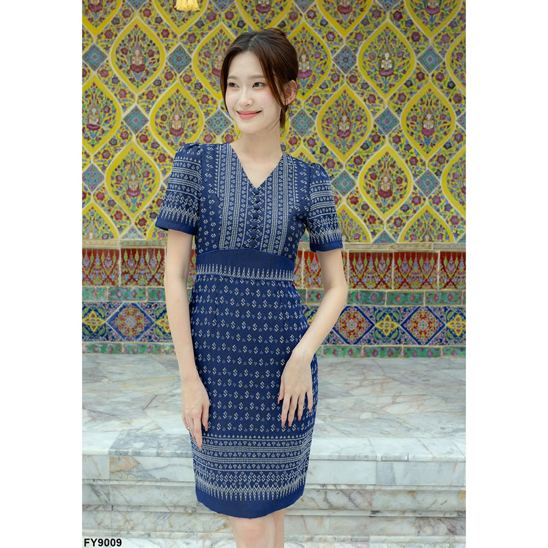 kudapy เดรสสั้นสีกรม/สีดำ ผ้าไทยคอวีลายขอเล็ก ใส่ทำงาน ไปงานวัดสวยดูดี