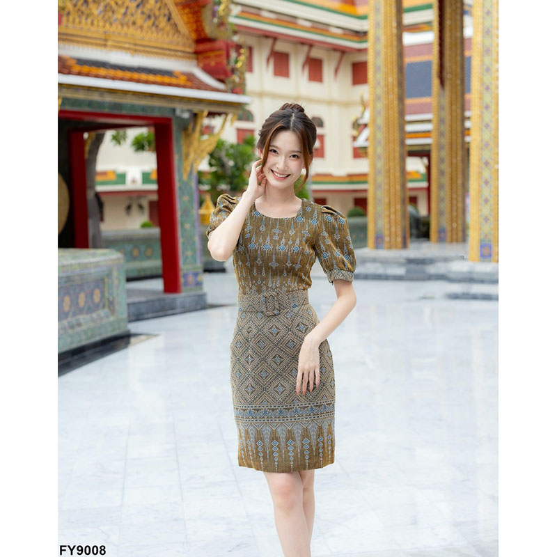kudapy เดรสสั้นสีกรม/สีน้ำตาล ผ้าลายไทยแขนสั้น ผ้าใส่สบายสวยดูดี ใสออกงาน ใส่ทำงาน+เข็มขัด