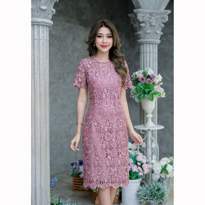 kudapy เดรสสั้นสีชมพูกะปิ/เขียว ลูกไม้ถักทรงแขนสั้น ทรงยอดนิยมของทางร้านค่ะ สวยเรียบใส่ง่าย