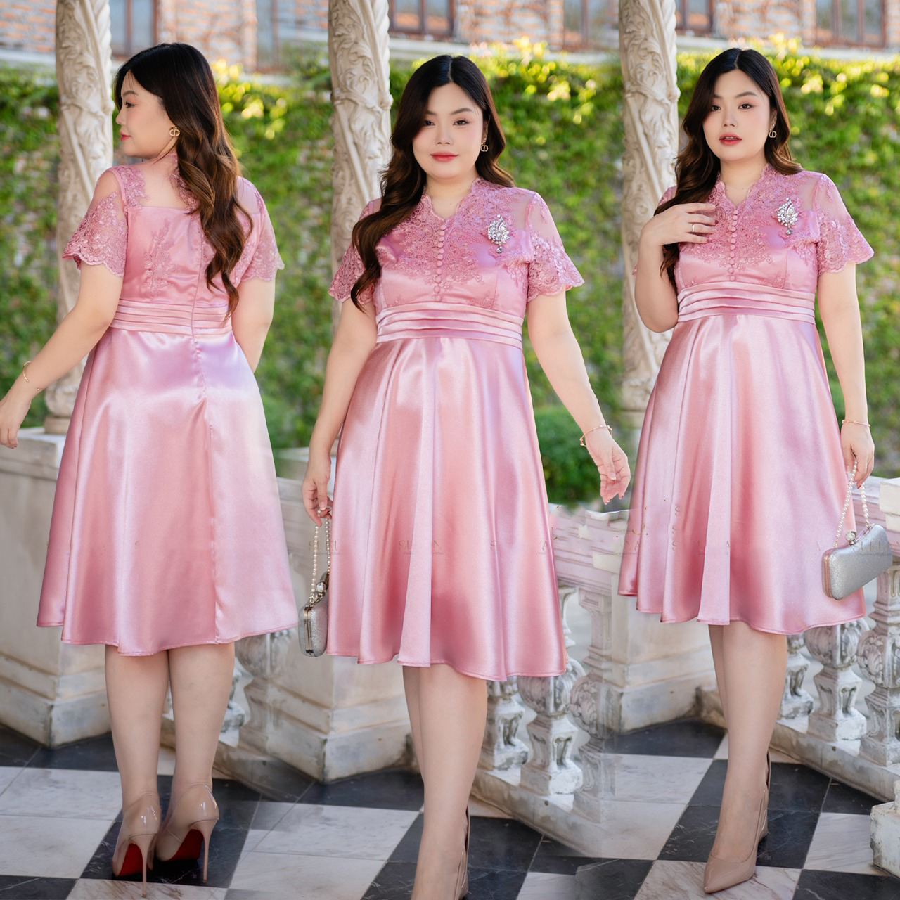 kudapy เดรสเสื้อลูกไม้ ด้านหน้าแต่งกระดุม ช่วงเอวเป็นชั้นเพิ่มดีเทลสวยงาม ส่วนกระโปรงเป็นผ้าเครปซาตินเนื้อผ้ามันเงาบานพริ้ว