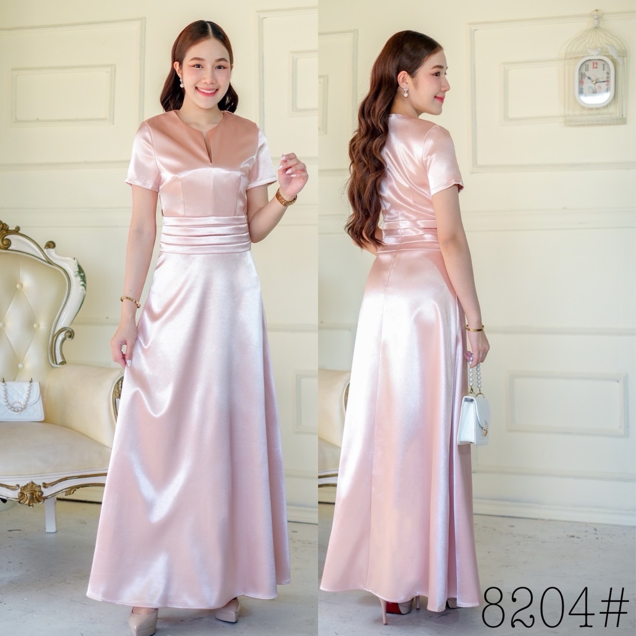 kudapy เดรสราตรียาว คอกลม ผ่าแคบ แขนสั้น ตีเกร็ด5ชั้นช่วงเอว กระโปรงทรงเอ ซิปหลัง ใส่ง่าย