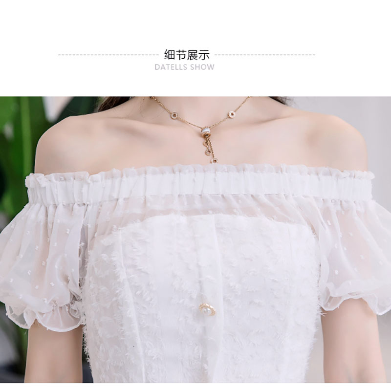 kudapy เดรสสั้นสีขาว ผ้าชีฟองขนปุยเบาๆ เปิดไหล่ แขนตุ๊กตา ชุดทรงปล่อย สวยดูดี