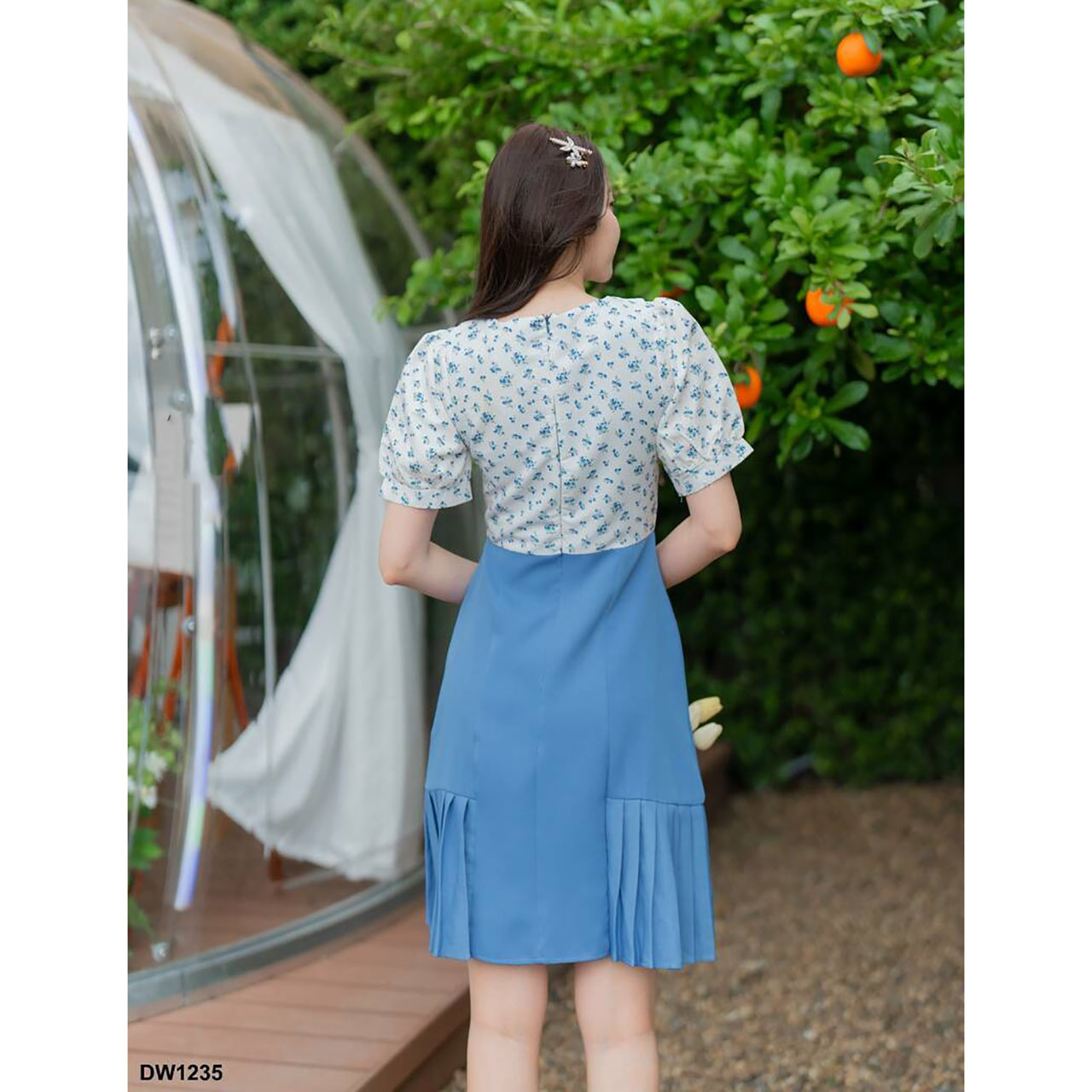 kudapy เดรสสั้นสีชมพู สีกรม สีน้ำเงินเข้ม คอบัวเสื้อลายดอกกระโปรงผ้าพื้น