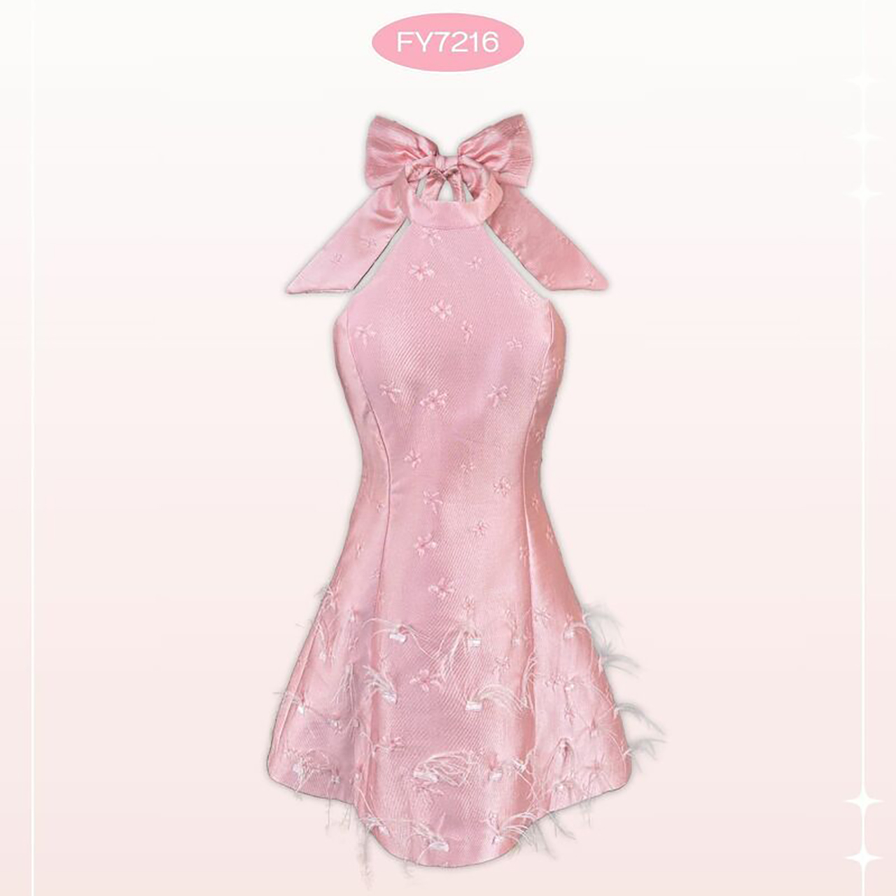 kudapy เดรสสั้นสีชมพู/สีขาว คล้องคอแต่งขนนก ใส่ออกงาน สวยน่ารัก