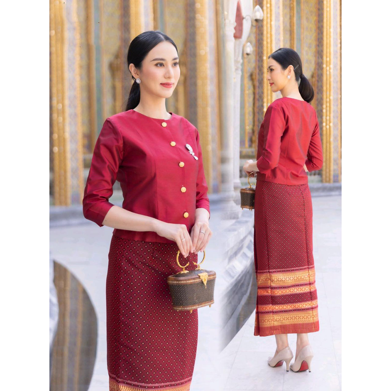 kudapy ชุดเซ็ท เสื้อผ้าไหมแพรทิพย์เกรดพรีเมี่ยมอัดกาว กระดุมทอง+ผ้าถุงเย็บสำเร็จทอลายอัดกาว ตะขอซิปหลัง