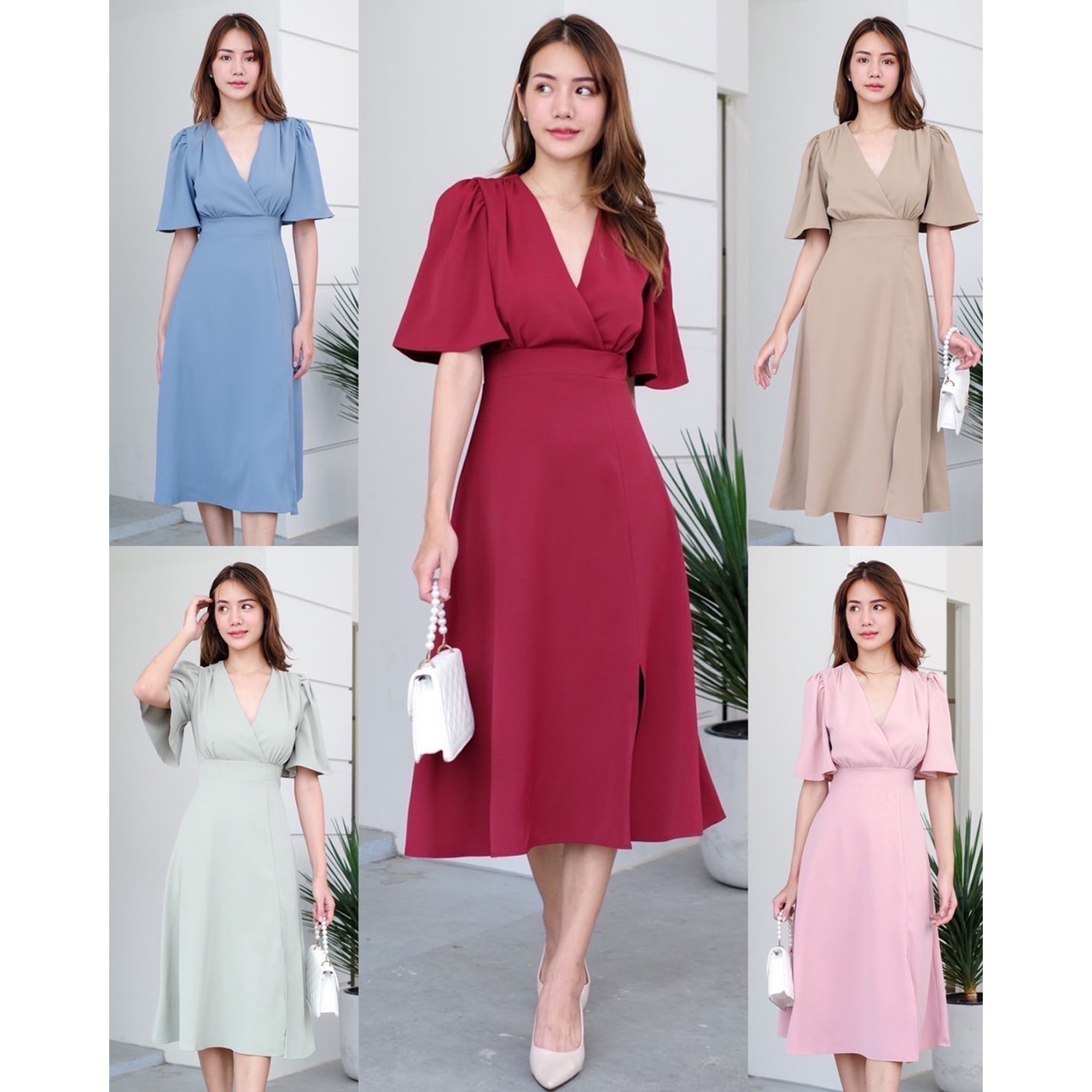 kudapy เดรสยาวสีชมพู แดงไวน์ น้ำตาล ฟ้าคราม เขียวอมเทา คอวีป้ายแต่งจีบใต้อก ไหล่จับจีบแขนทรงกระดิ่ง กระโปรงฟรีสะโพกผ่าหน้า