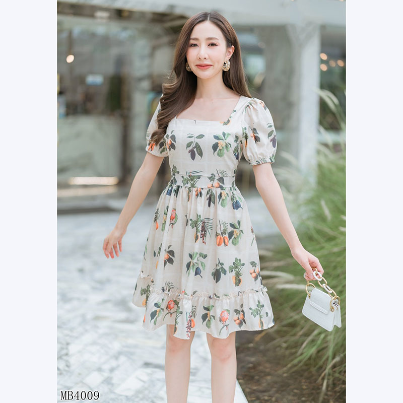 kudapy เดรสสั้นสีครีม ชายระบายกิ่งผลไม้ดูดีสวยใส่สบาย