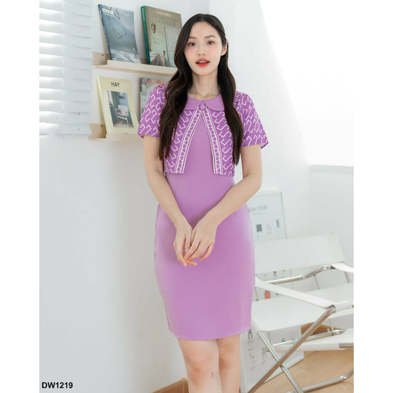 kudapy เดรสสั้นสีเหลือง/สีม่วง ผ้าพื้นคอบัวแต่งกั๊ก