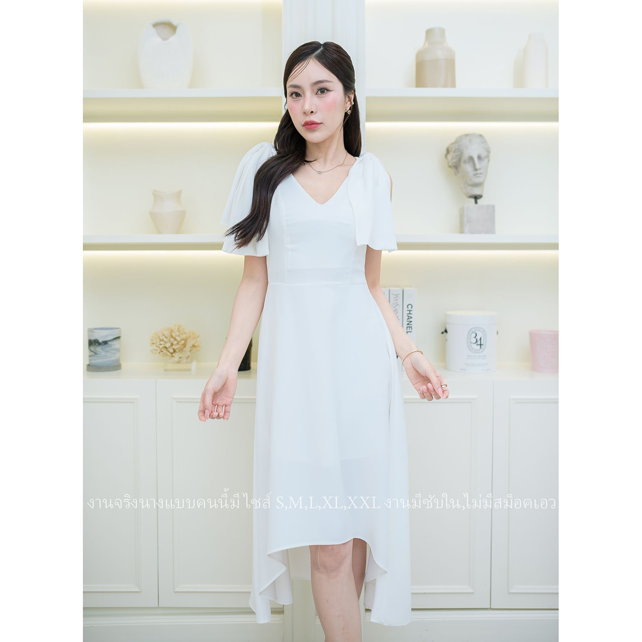 kudapy เดรสหน้าสั้นหลังยาวแต่งโบว์ไหล่สีฟ้า/สีขาว งานสวยมีซับในซิปหลัง