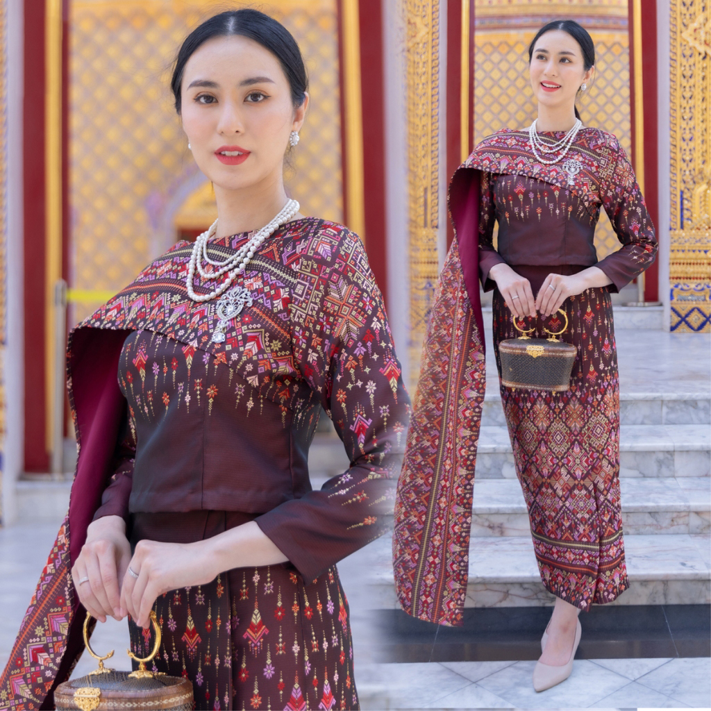kudapy ชุดผ้าไหมทอลายสีแดง สีเทา ชุดออกงาน ไปวัด ทำบุญ - รุ่นละอองดาว แต่งสไบ