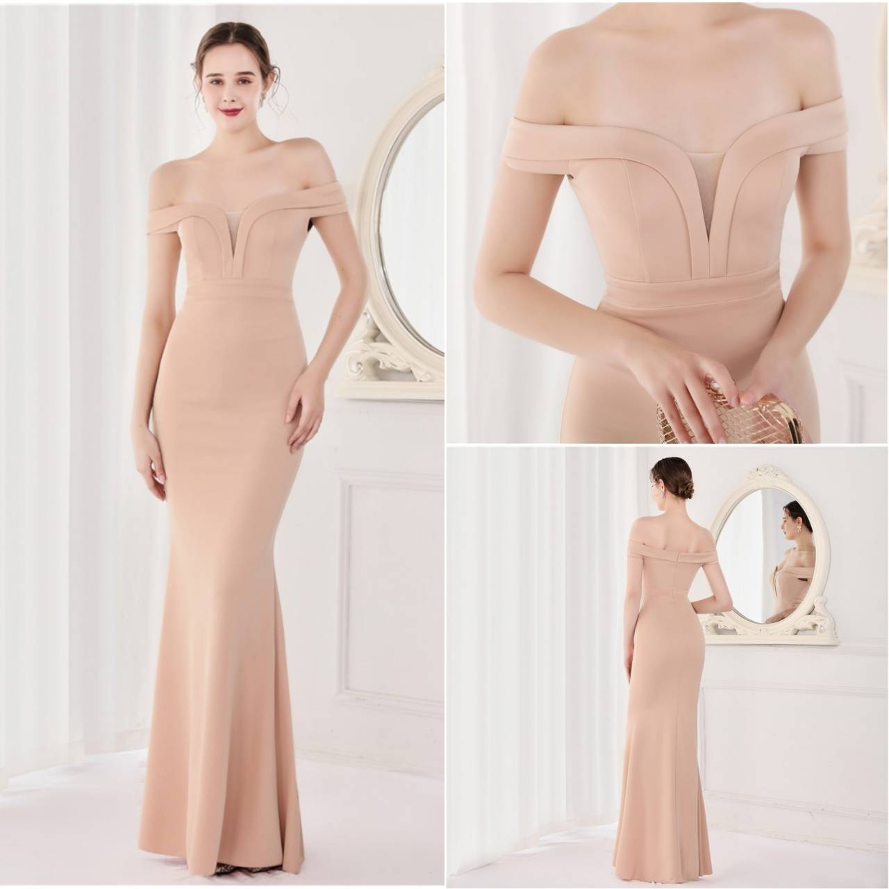 kudapy ชุดราตรียาวเปิดไหล่กริสเตอร์ทอแสง สีแดงไวน์ สีดำ สีขาว สีครีม สีเขียว สีน้ำเงินกรมท่า เดรสเกาะแขน เนื้อผ้าขยายได้ สวมเข้ารูป ทรงสวย เรียบหรู มีบราเย็บติดข้างในชุด ซิปหลัง