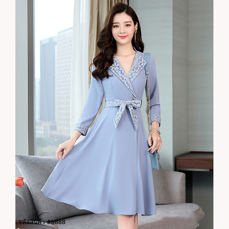 kudapy เดรสสั้นสีฟ้า/สีชมพู คอปก แขนยาว กระโปรงคลุมเข่า แนวเรียบร้อย สวยใส่ดูดี ใส่ทำงานได้