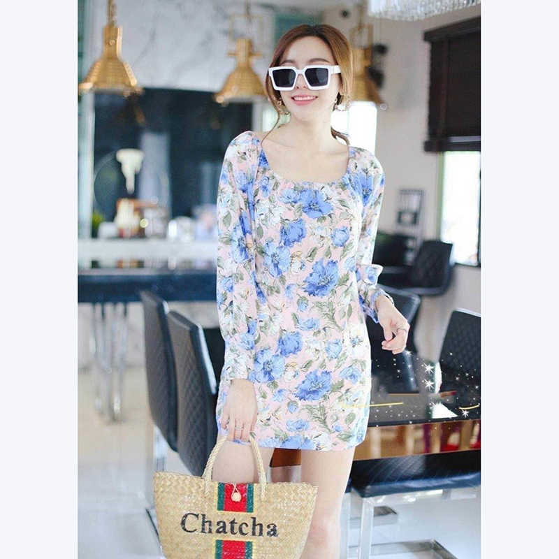 kudapy เดรสสั้นสีดำ,ฟ้า,เหลือง,ขาว ลายดอกใส่เปิดไหล่หรือคอเหลี่ยมก้ดูดีลายสวย