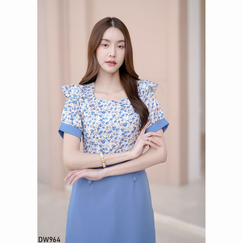 kudapy เดรสสั้นสีม่วง/สีชมพู/สีคราม แขนสั้นลายดอกมีกระดุม