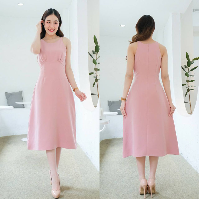 kudapy เดรสสั้นสีชมพู ครีม ฟ้า ชาไทย แขนกุด คัตติ้ง เอวสูงปรี๊ด จีบใต้อก กระโปรงบานตีเกร็ดเอว เย็บยากแต่ออกมาเน้นเอวสับๆ