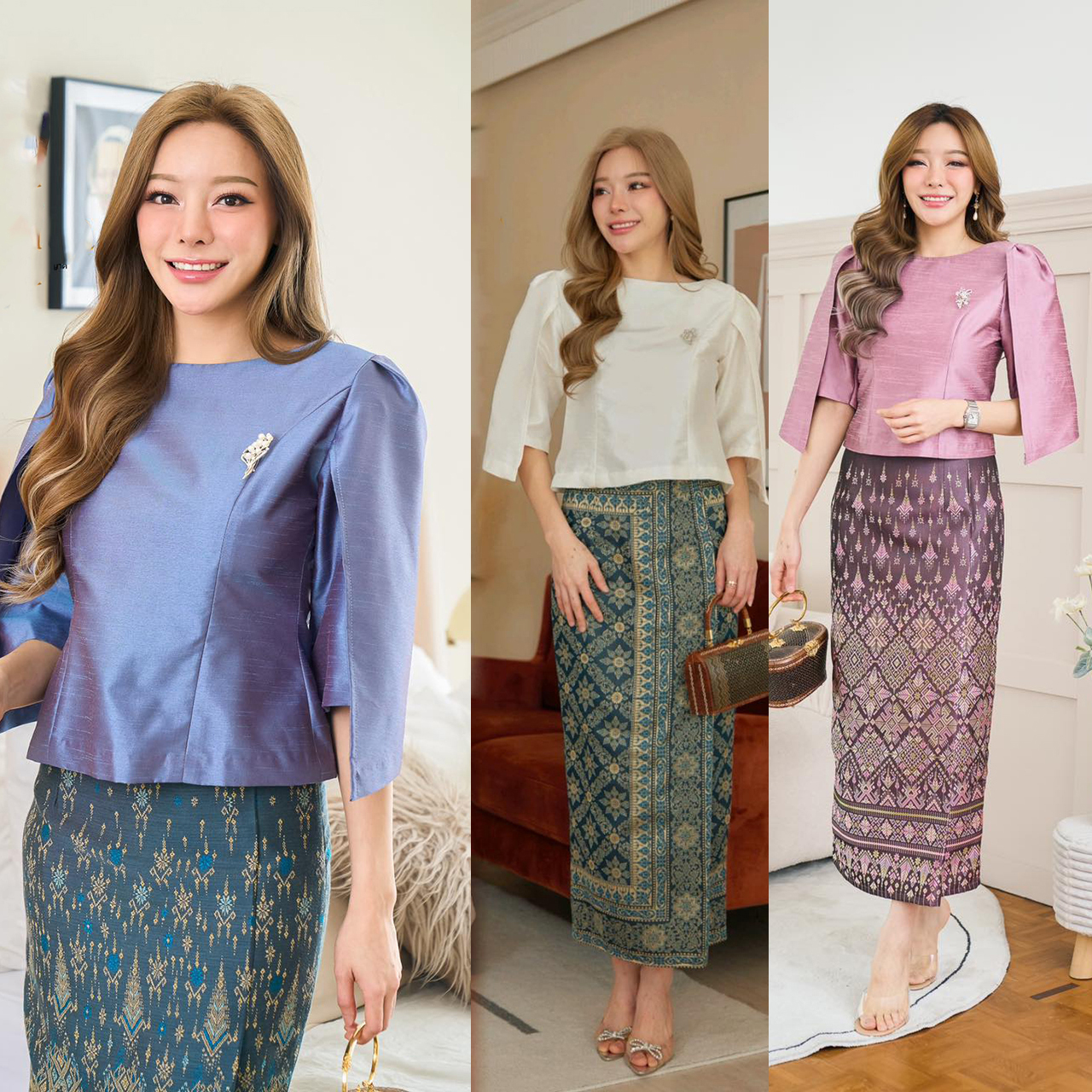 kudapy ชุดเซ็ท เสื้อผ้าไหมแพรทิพย์พรีเมี่ยมอัดกาวอย่างดี+ผ้าถุงตัดสำเร็จรูปทอลายอัดกาว