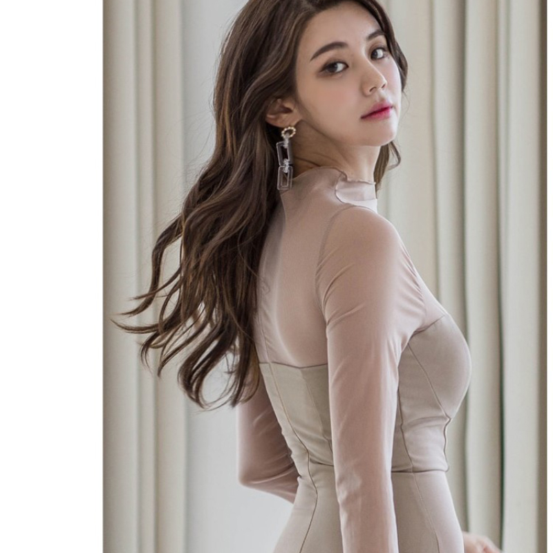 kudapy เดรสสั้นเซ็กซี่แต่งซีทรูสีน้ำตาลช่วงบนผ้าซีทรูเนื้อนิ้มคอตั้งแขนยาว ช่วงบนอกเสริมทรงสวยเข้ารูป ชุดมีซิปหลัง กระโปรงทรงสอบผ่าข้าง