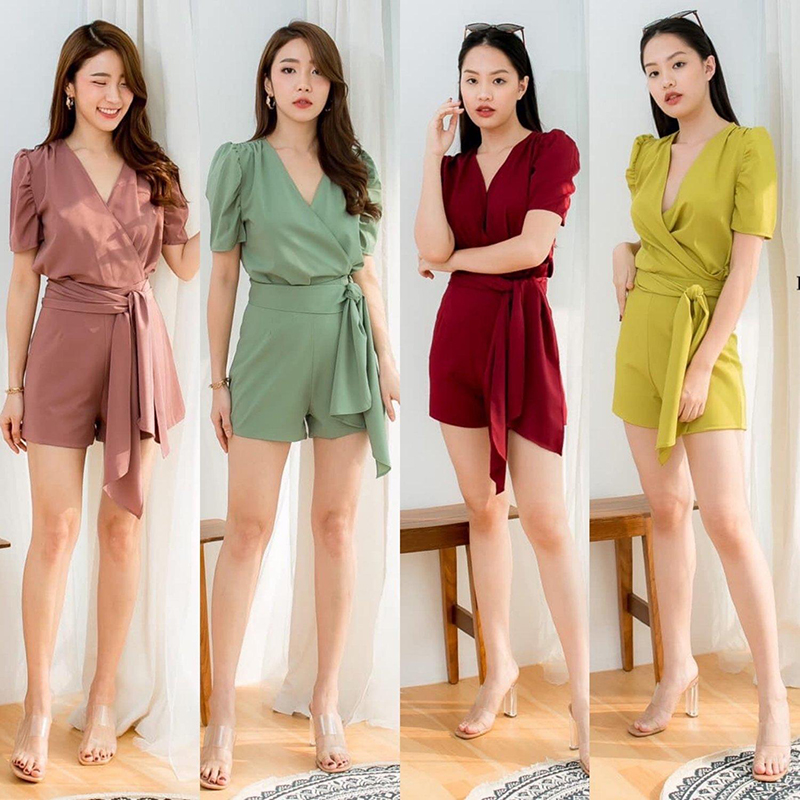 kudapy เซ็ทขาสั้นคอวีสีเขียวมิ้นท์ สีเขียว สีม่วง สีแดง เสื้อแขนสั้น