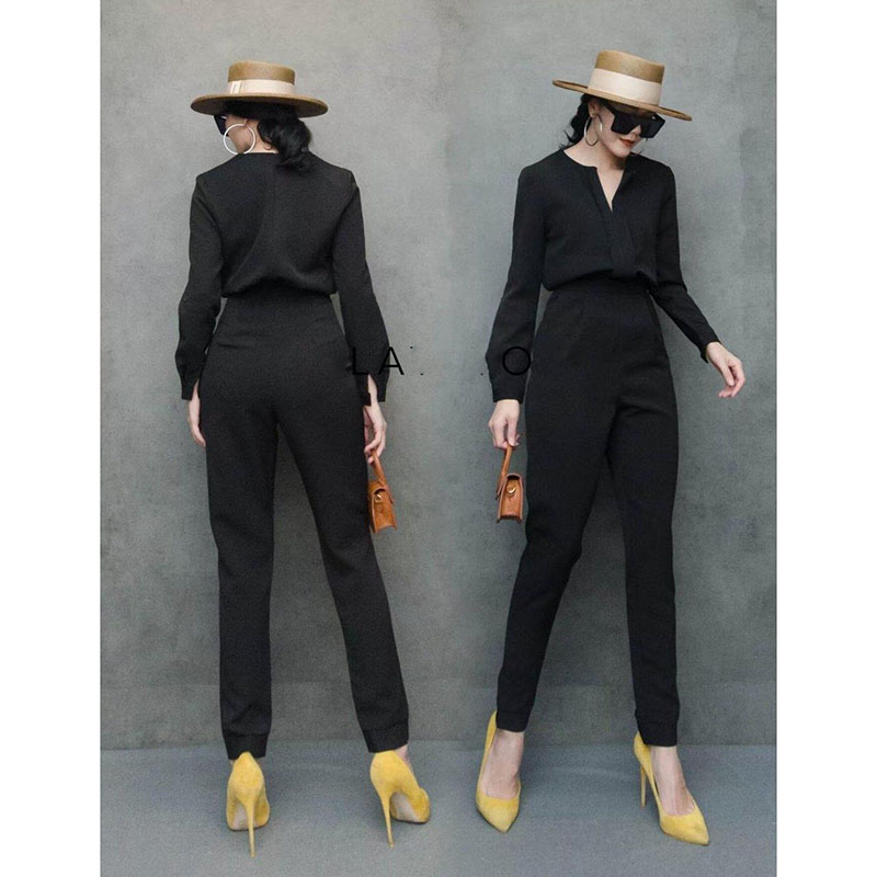 kudapy ชุดจั้มพ์สูทขายาวสีแดง/สีชมพู จั้มคอวี ทรงเรียบเก๋ ทรงดี