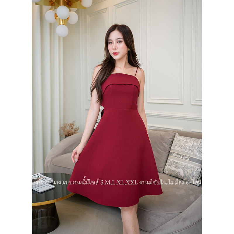 kudapy เดรสสั้นสีแดง/สีชาเขียว สายเดี่ยวกระโปรงบานแต่งผูกโบว์หลัง งานไฮมีซับใน งานสวยมากๆค่ะ ใส่แล้วดูคุณหนู ออกงานมินิมอลเรียบหรูดูแพง