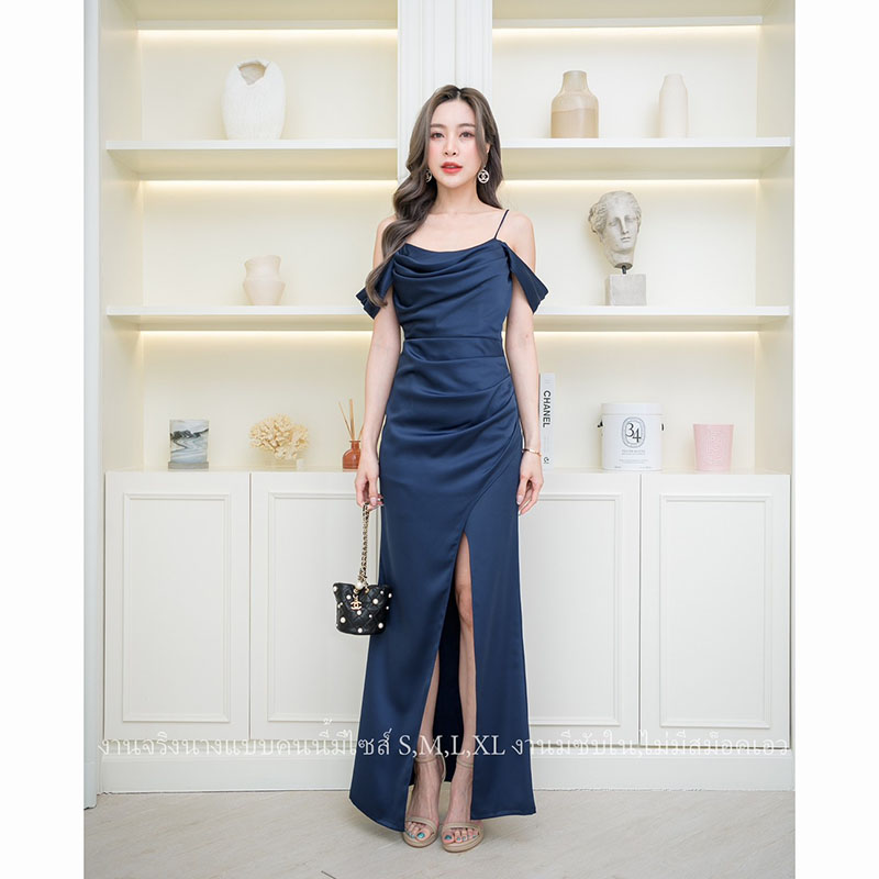 kudapy เดรสยาวเปิดไหล่ใส่ออกงาน สีชมพู/สีกรม/สีน้ำตาลอิฐ/สีแดงเลือดหมู ซับในทั้งชุด ผ้าเครปซาตินเนื้อดี