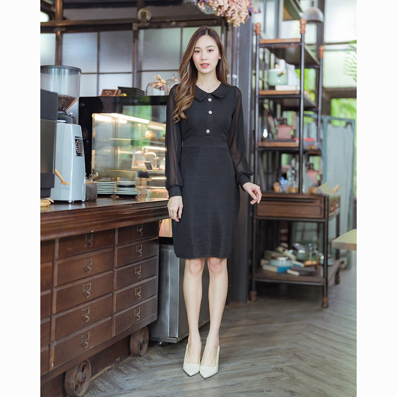 kudapy เดรสสั้นสีขาว/สีดำ/สีชมพู คอปกแขนยาวแต่งกระดุม