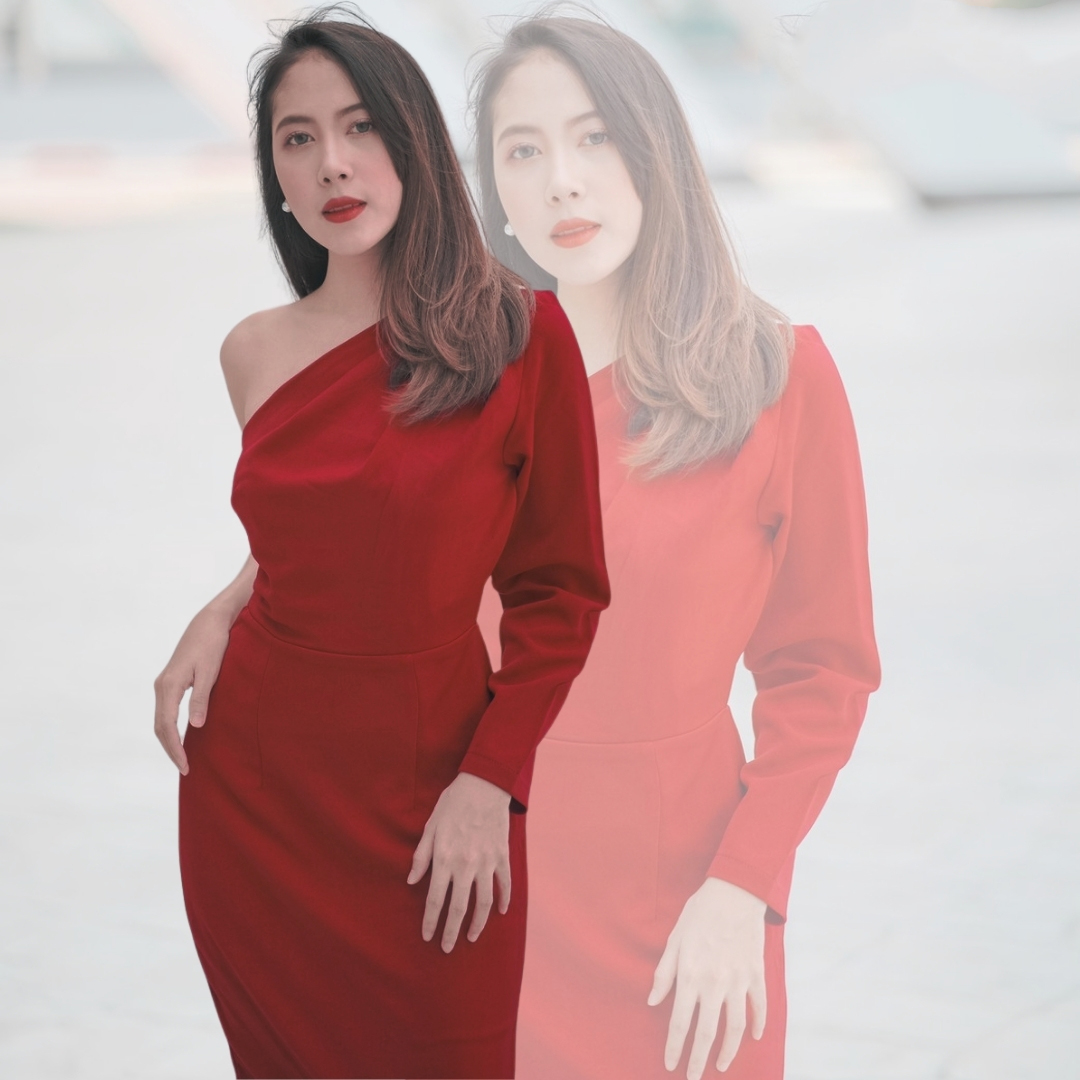 kudapy ชุดไปงานแต่งงานสีชมพู,สีแดง,สีกรมท่า เดรสสั้นไหล่เฉียงข้างแขนยาว เรียบหรู สวย ดูดี ใส่เป็นชุดราตรี ชุดออกงาน