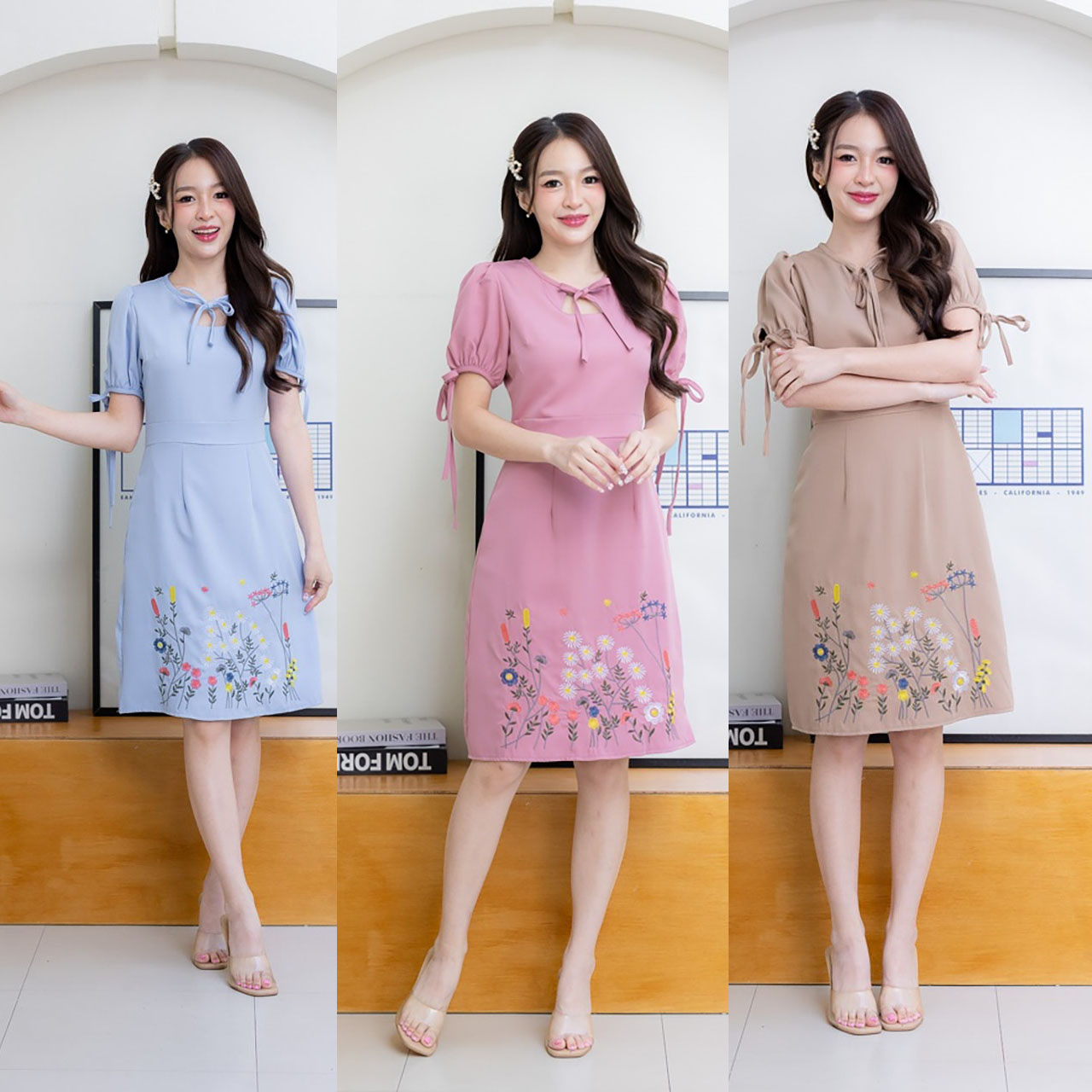 kudapy เดรสสั้นสีชมพุ/สีน้ำตาล/สีฟ้า คอผูกโบว์กระโปรงปักดอกไม้