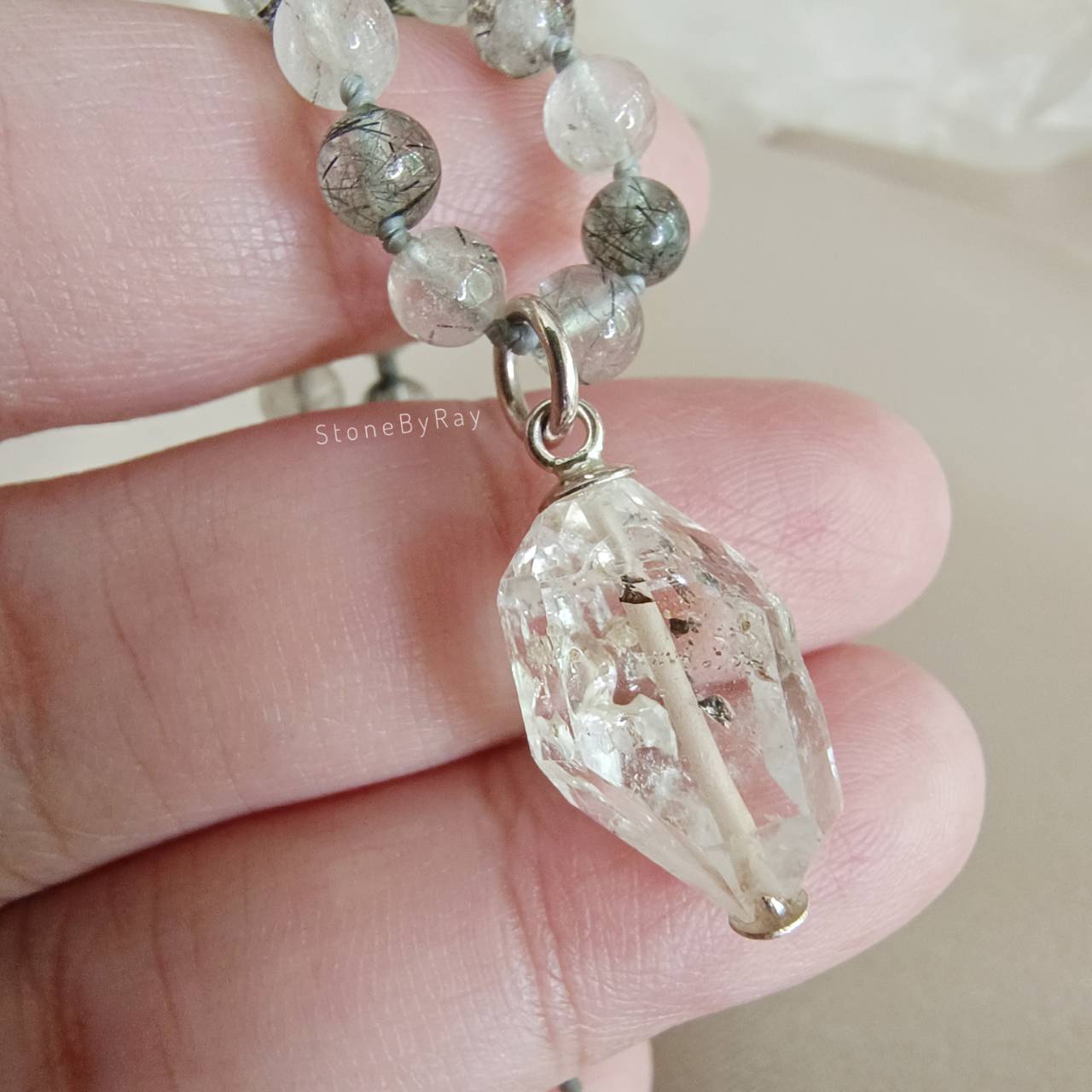 สร้อยคอเชือกถักหินไหมดำกับจี้คริสตัลเฮอร์คิเมอร์ Black Tourmaline Quartz+Herkimer Diamond