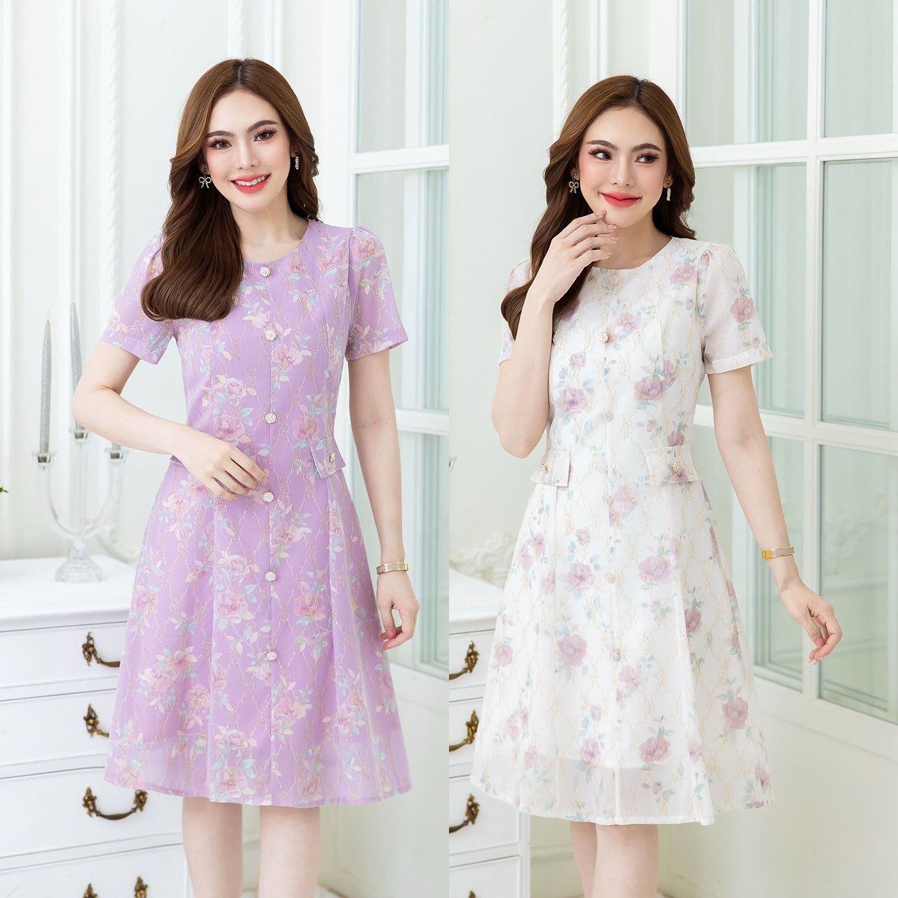 kudapy เดรสสั้นสี ครีม/สีชมพูม่วง ชีฟองพิมพ์ลายอัดกาวผ้าตาข่ายปักดิ้นทอง สวยหวาน แพทเทิร์นเรียบง่ายทรงสวย