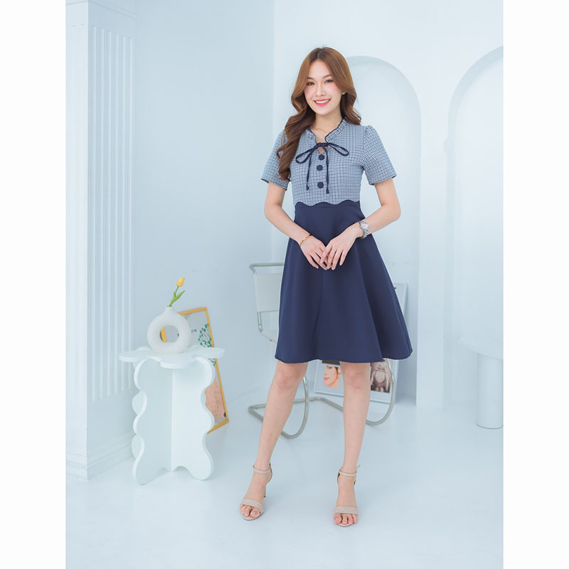 kudapy มินิเดรสสั้นสีชมพู/สีกรม/สีน้ำตาล สไตล์น่ารัก แต่งสายผูกโบว์ ลายสก๊อตช่วงบน กระโปรงบาน