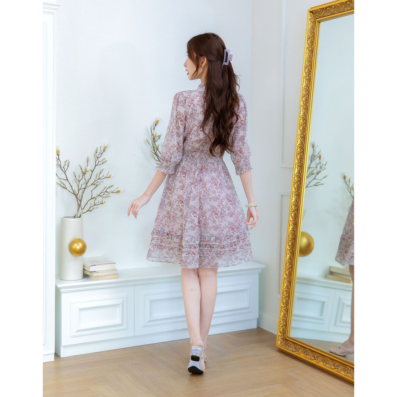 kudapy เดรสชีฟองลายดอก สวยพริ้ว ดีเทลชุดสวย มีลูกเล่นช่วงชายกระโปรง เย็บแต่งจับจีบสามเลเยอร์