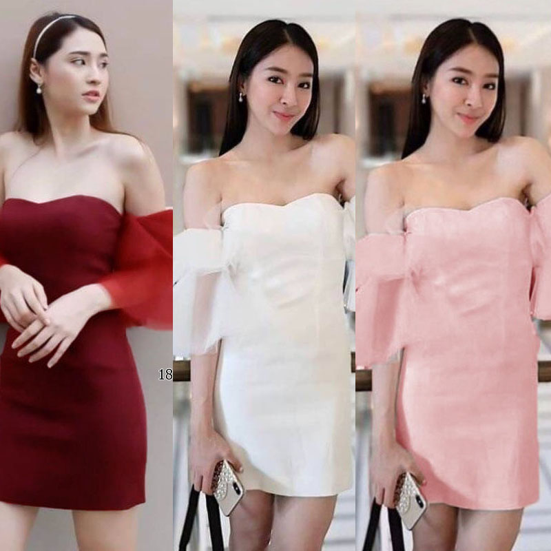 kudapy เดรสสั้นสีขาว แดง โอรส ผ้าซาร่า มีซิปหลัง แขนมุ้งฟรุ้งฟริ้ง แพทเทิร์นทรงเป๊ะ