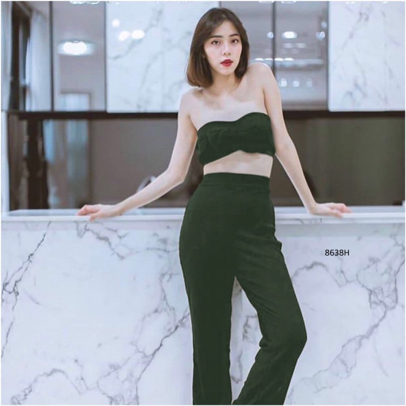 kudapy Set ไปทะเล เสื้อเกาะอก ผูกอก + กางเกงขายาว ผ้ายืด