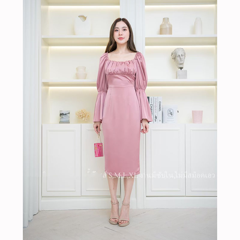 kudapy เดรสสั้นสีชมพู,กรม,น้ำตาลอิฐ สวยจับจีบแขนระบาย ผ้าเครปซาตินเนื้อดีมีซับใน ใส่ออกงาน ใส่ทำงาน