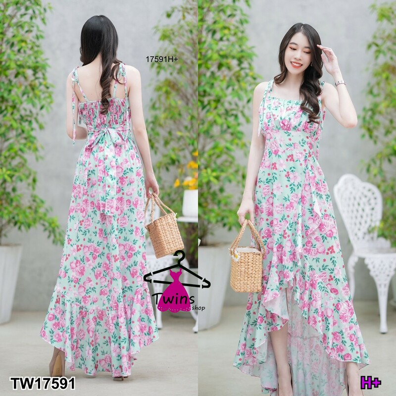 kudapy แม็กซี่เดรสสายเดี่ยวผูกไหล่ แต่งระบายบายแหวกหางปลา มีสายผูกโบว์หลัง ผ้าไหมอิตาลี่