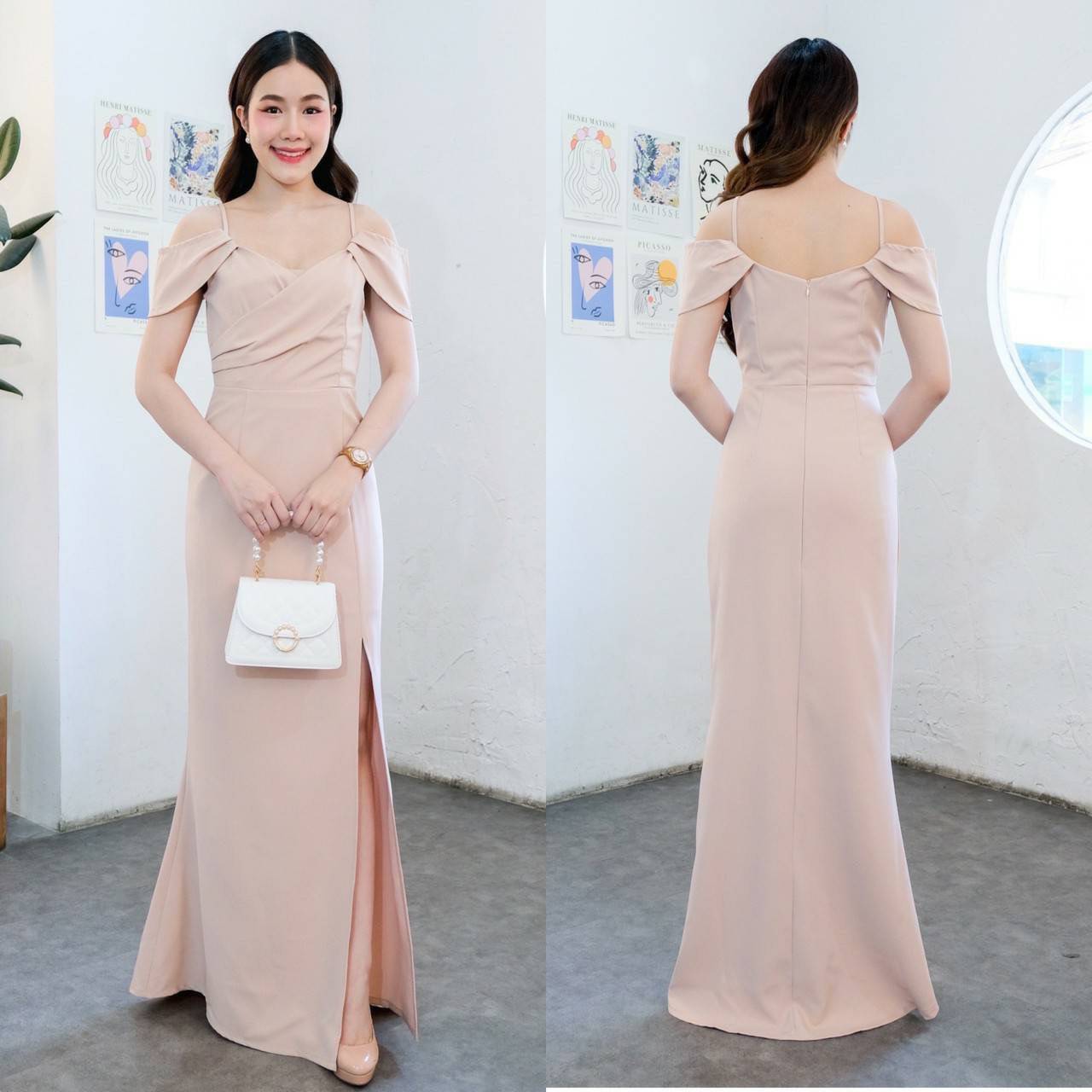 kudapy แม๊กซี่เดรสสายเดี่ยวสีชาไทย ครีมนู๊ด เขียวมิ๊นต์ ชมพูดัสตี้พิ้งค์ ไม่เสียวหลุดแต่งผ้าระบายปิดแขน อกป้าย เกาหลีมินิมอลสุดๆ เน้นเอวคอดใส่ผอมสวย กระโปรงผ่าหน้า