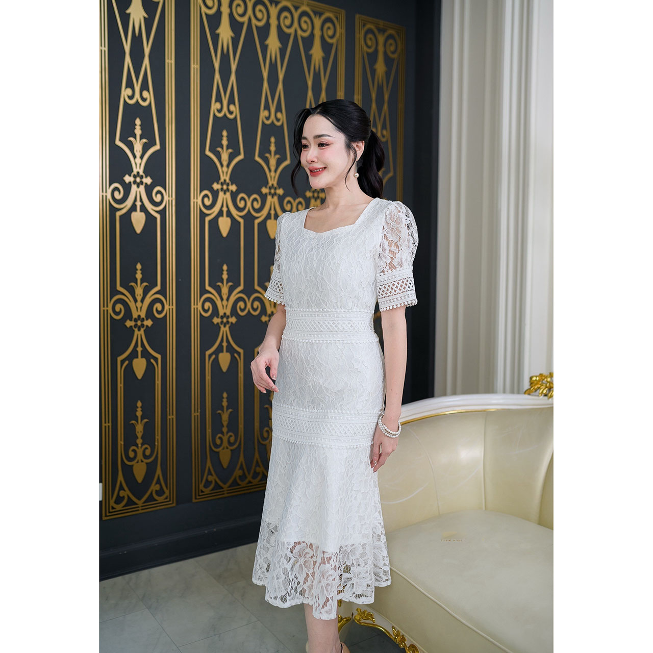 kudapy เดรสลูกไม้ระบายแขนจั้ม ตัดต่อแต่งลูกไม่ถักทั้งตัวเพิ่มลูกเล่นความสวย