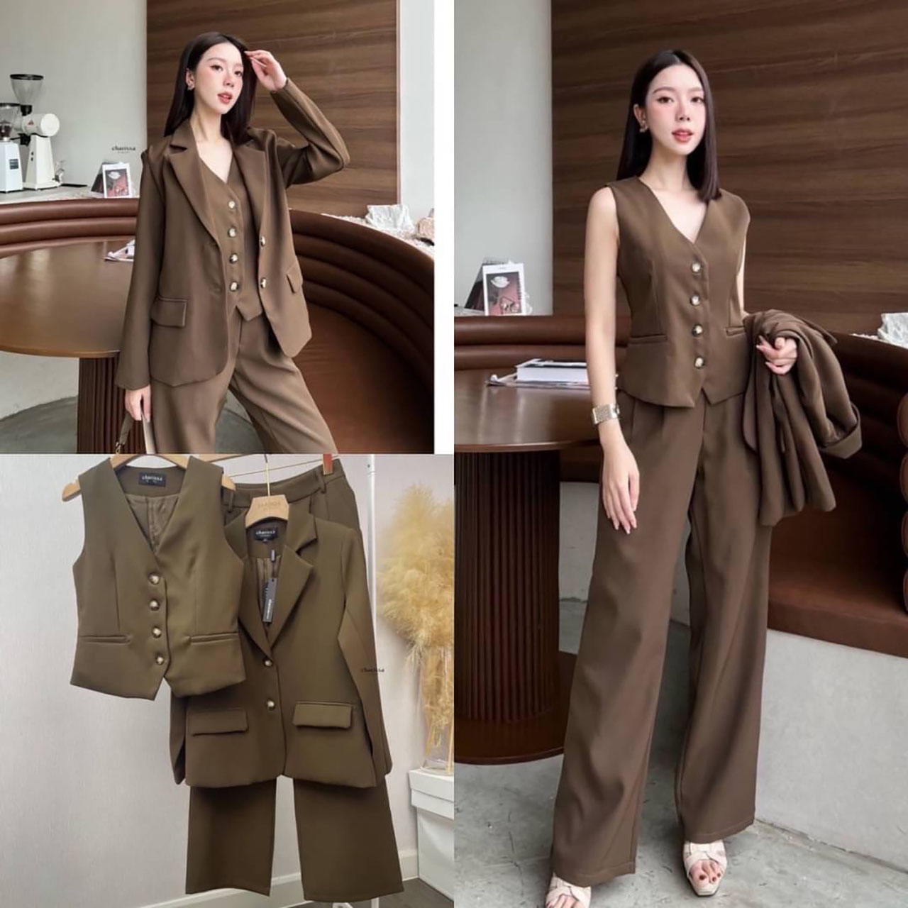 kudapy Setsuit 3 ชิ้น เสื้อกั้กกระดุมหน้า พร้อมกับเสื้อสูททรงโอเวอร์ไซส์กระเป๋าจริง กางเกงทรงปล่อยตรง ซิปตะขอหน้าไม่สม้อค