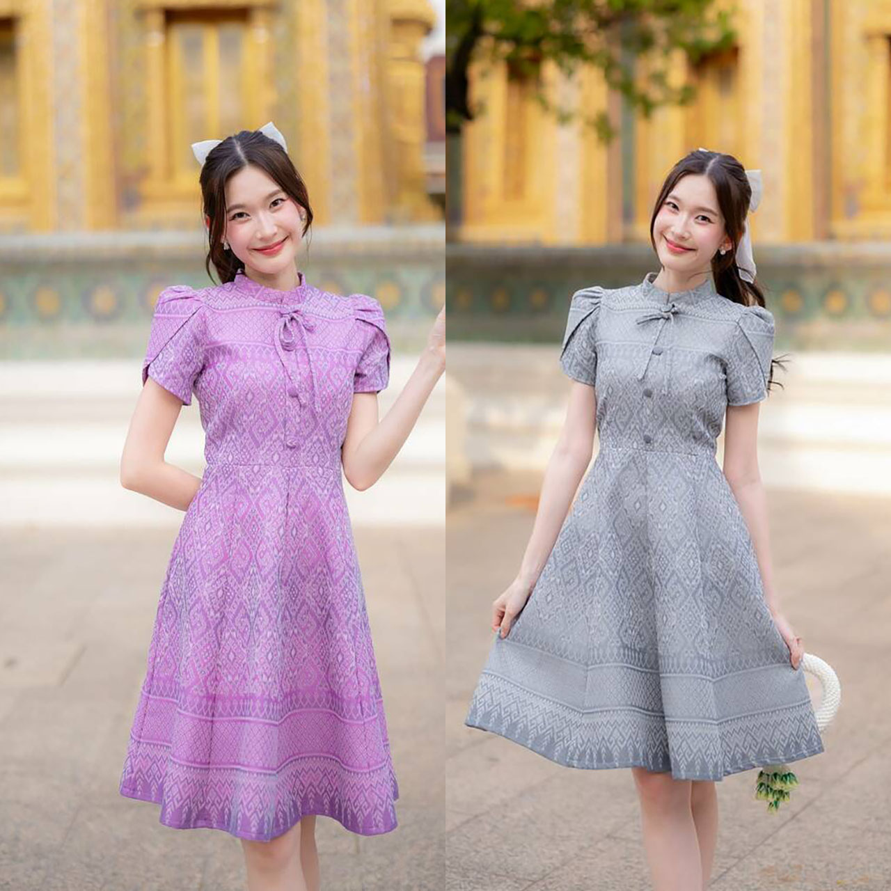 kudapy เดรสสั้นสีม่วง/สีเทา/สีเหลือง เดรสไทยทรงบานแขนกลีบบัว