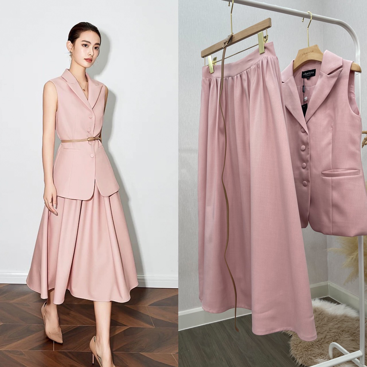 kudapy เซ็ทเสื้อแขนกุดมาพร้อมกับกระโปรงทรงยาว เสื้อเก็บทรงสวย แต่งปกสูทกระดุมปั้มติดได้จริง