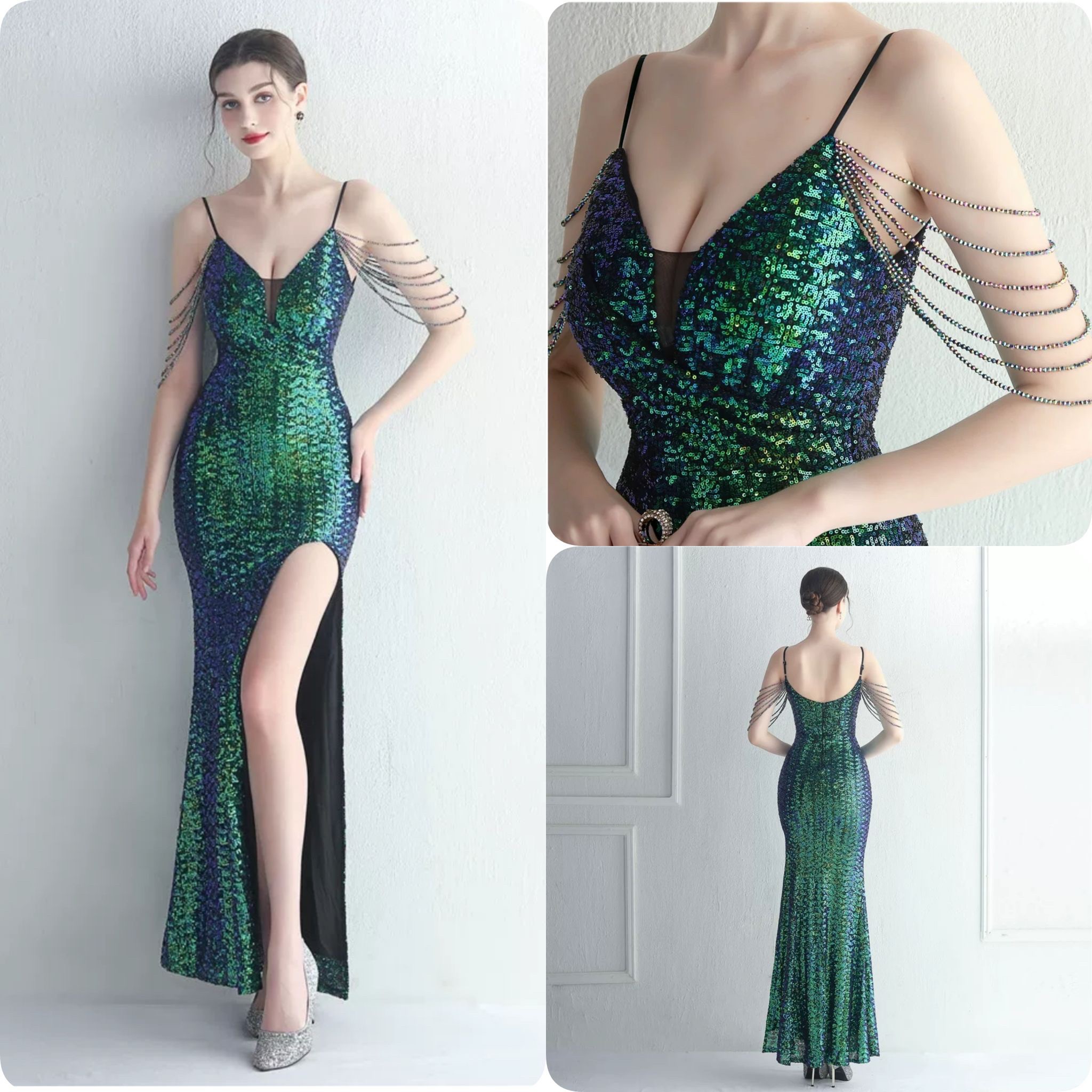 kudapy ชุดราตรียาวสายเดี่ยวปักเพชรสีทองโรสโกลด์,สีเขียว,สีแดงเบอร์กันดี้ ผ่าหน้า ผ้ากริสเตอร์ ยืดตามตัว