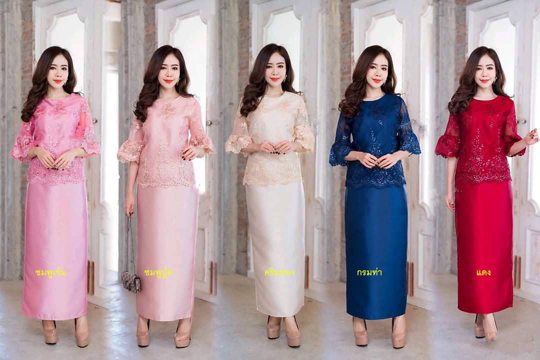 kudapy ชุดเซตไปงาน สีแดง/สีครีมทอง/สึน้ำเงินกรมท่า/สีชมพูนู้ด/สีชมพูเข้ม เซตเสื้อลูกไม้คอวีแขนกระดิ่ง+กระโปรงผ้าไหมอิตาลีทรงเอ ลูกไม้ปักเลื่อม มีซับใน ซิบหลัง