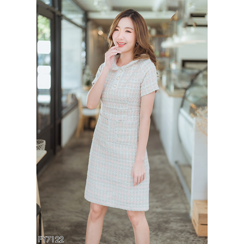 kudapy เดรสสั้นสีฟ้า/สีดำ/สีชมพู ไหมพรมลายตารางสวยดูดีน่ารัก
