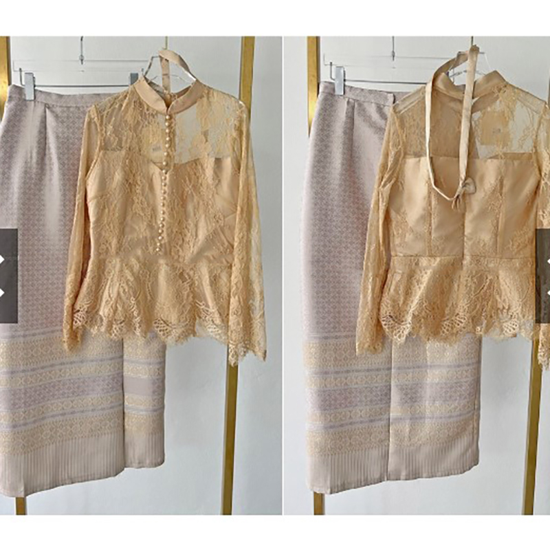 kudapy เซทแยก 2ชิ้น เสื้อลูกไม้สีขาว,สีทอง + ผ้าถุงโทนสีครีมทอง เสื้อลูกไม้แขนยาวคอจีน