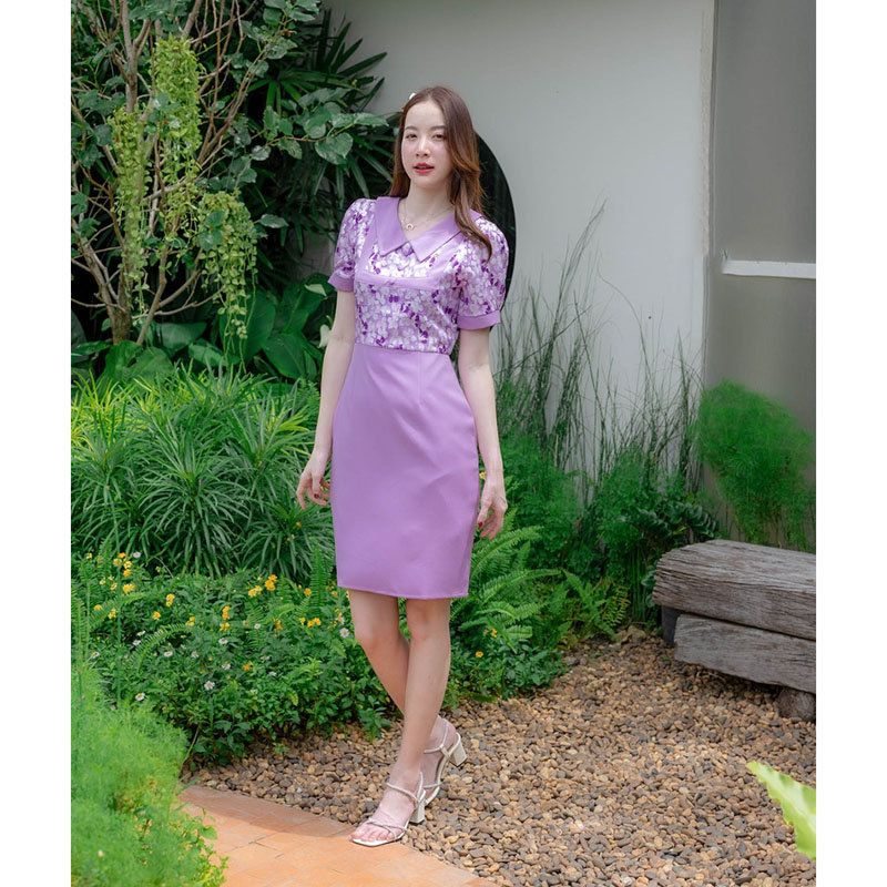 kudapy เดรสสั้นสีชมพู/สีกรม/สีม่วง กระโปรงสีพื้นคอปกเสื้อลายดอกแต่งกระดุม 3 ชิ้น