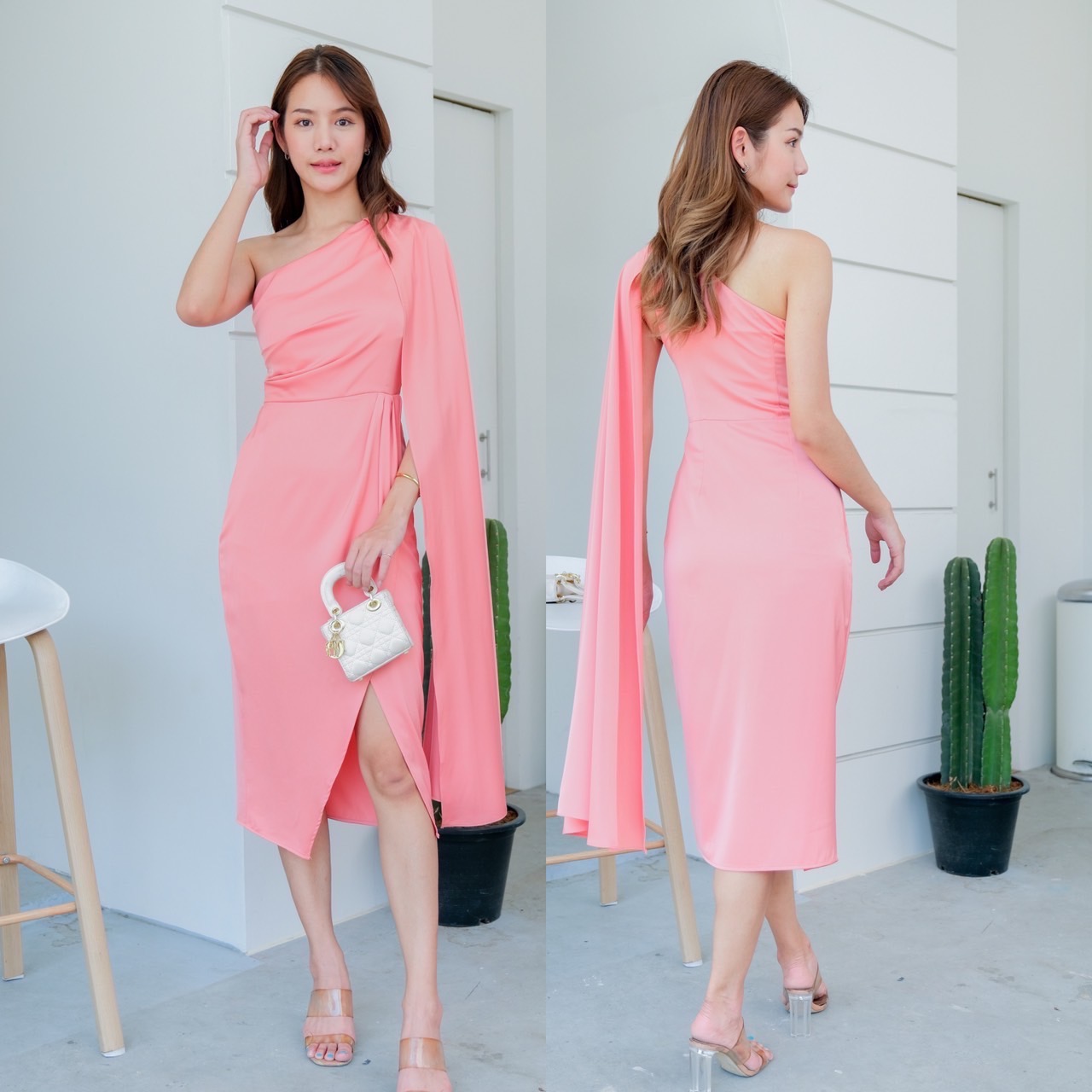 kudapy เดรสสั้น ใส่ออกงานไหล่เดี่ยว กระโปรงทิวลิป แต่งชายสไบ มีซับกระโปรงสั้นด้านใน