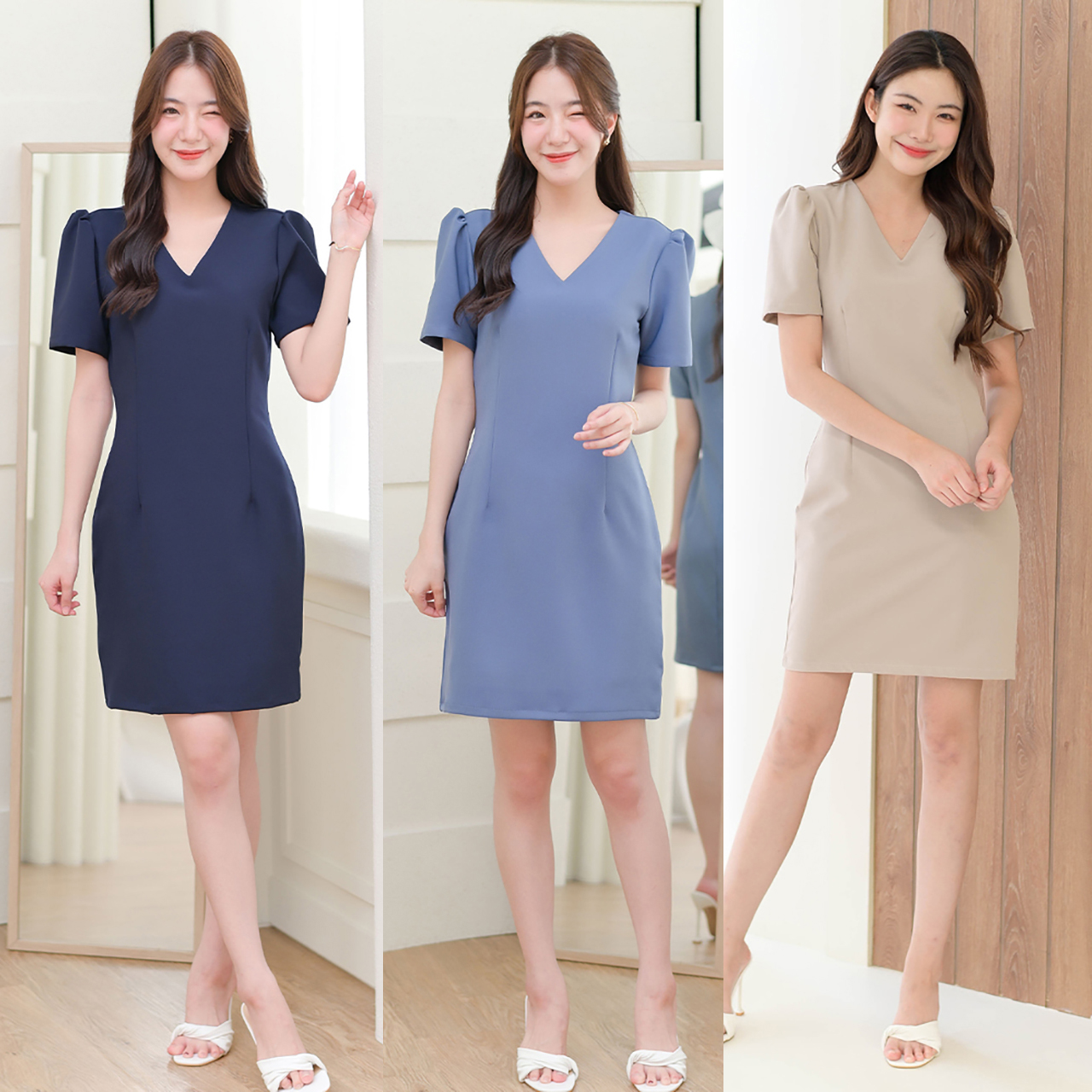 kudapy เดรสสั้นสีกรม/สีฟ้า/สีเบจ คอแหลม รูดยกช่วงไหล่เพิ่มความคิวท์ แพทเทิร์นจับเกล็ดเข้ารูป เนื้อผ้าหนานุ่มมีน้ำหนักทิ้งตัวสวย